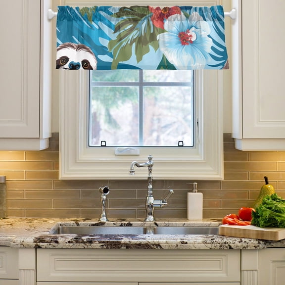 Sloth Flowers Leaves Blue Curtain Valances Farmhouse Design Window Treatment Decor Blackout Rod Pocket for Windows Living Room Kitchen 54" x 18"