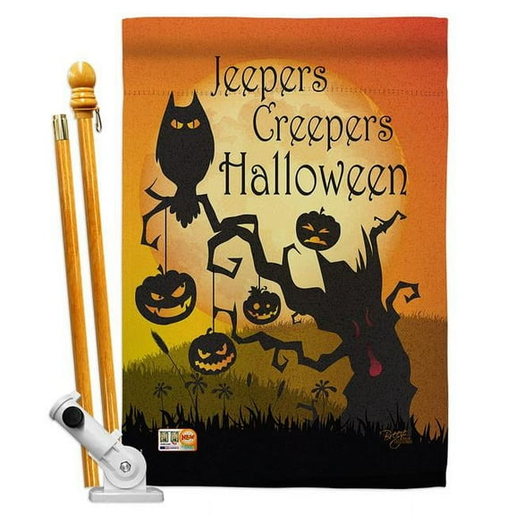 Breeze Decor BD-HO-HS-112008-IP-BO-D-US15-BD 28 x 40 in. Jeepers Creepers Fall Halloween Impressions Decorative Vertical Double Sided House Flag Set with Pole Bracket Hardware