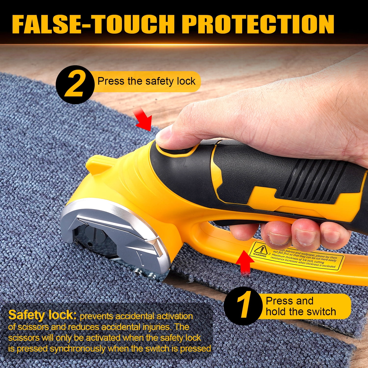 HORMY Cordless Electric Scissors with Blade, 3.6V Super Scissors Rechargeable with Safety Lock, for Cardboard Cutting Fabric Paper Sewing, Yellow