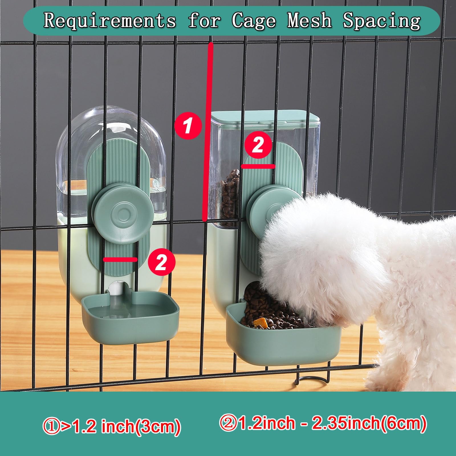 2pcs Hanging Automatic Food Water Dispenser, Gravity Pet Feeder and Waterer Set, Green Cage Food Bowl for Puppy Cat Rabbit Chinchilla Hedgehog