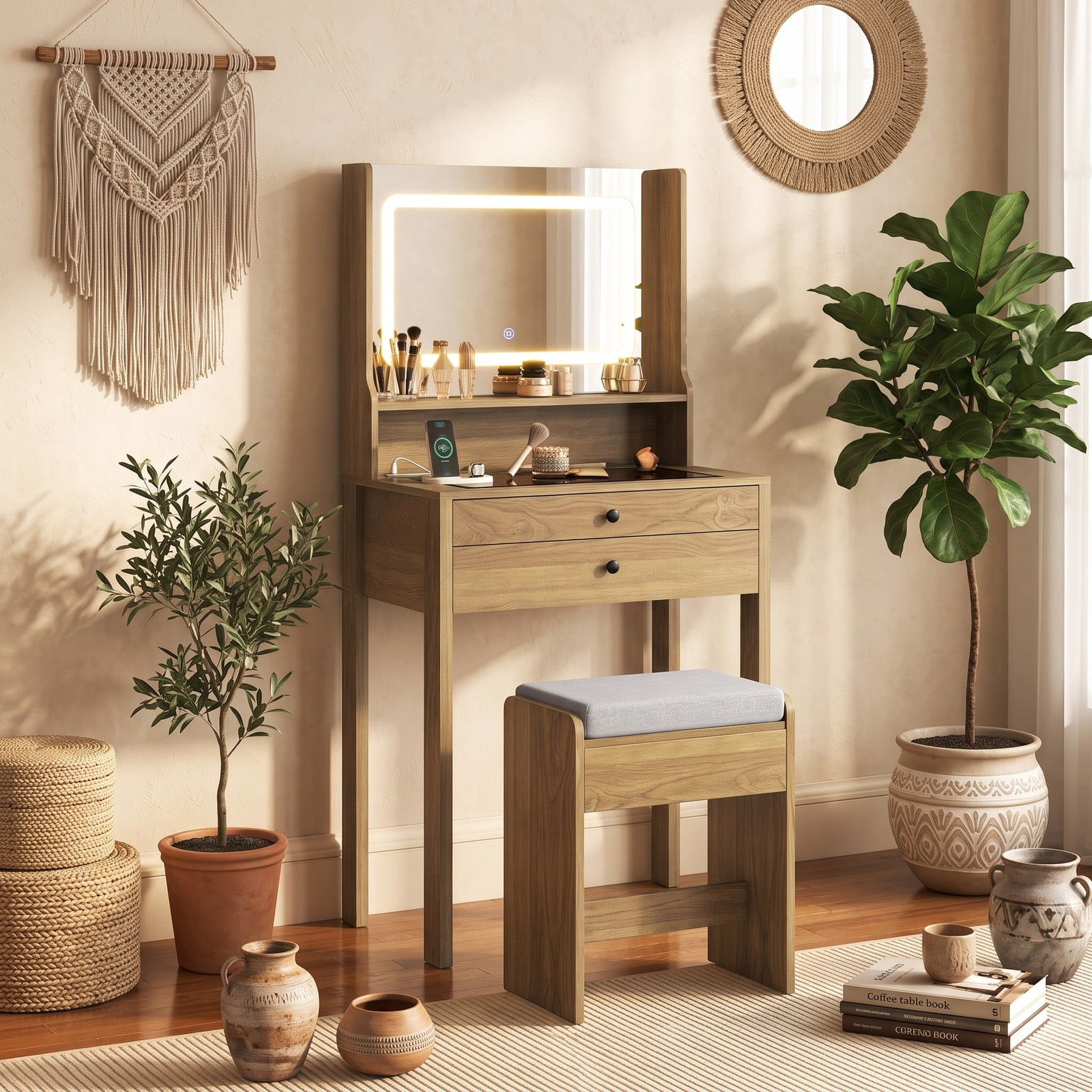 Furnibear Small Vanity Desk with 3 Mode Lighted Mirror and Charging Outlets and Cushioned Storage Stool for Small Bedroom and Makeup, Natural