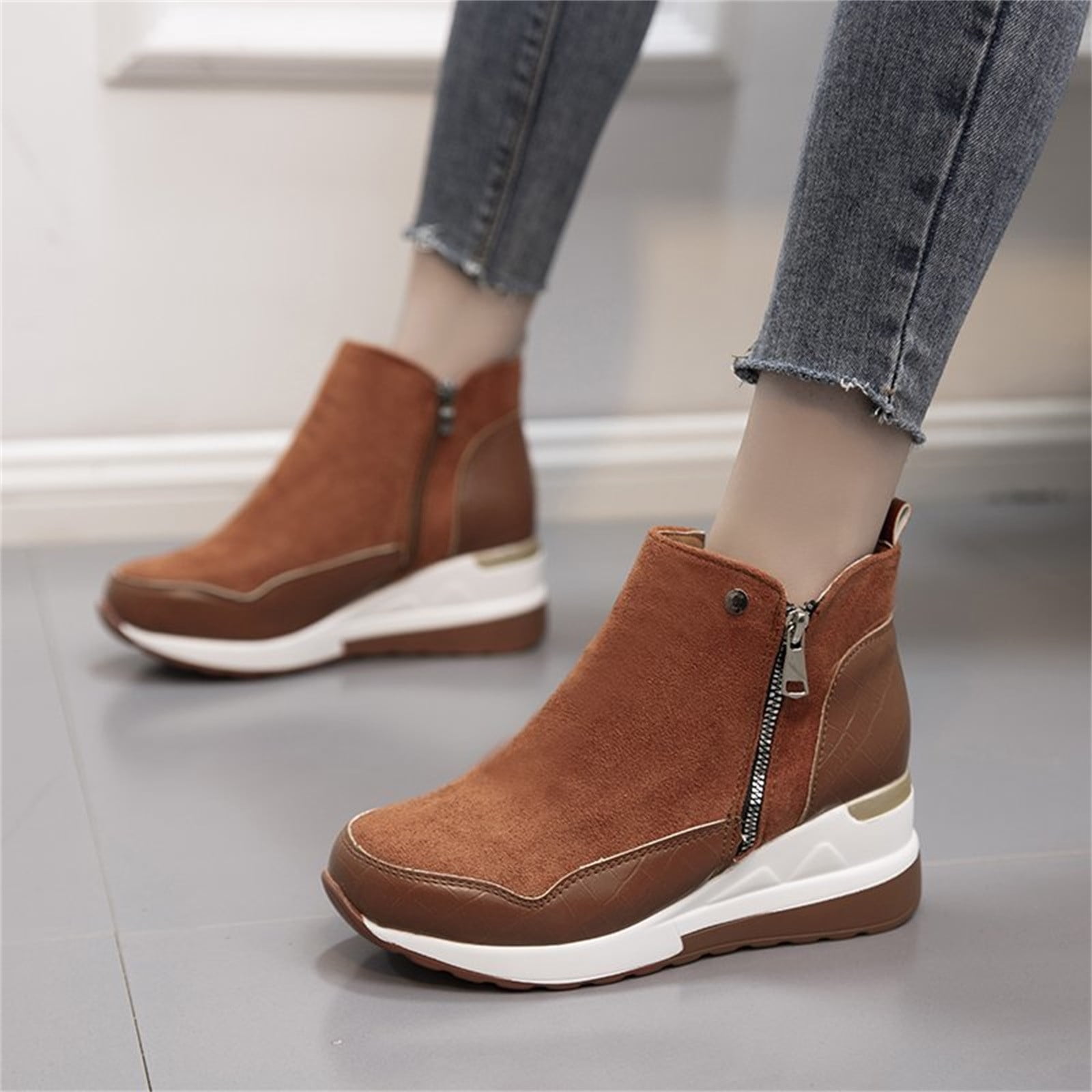 Cehvom New High Top Shoes Suede Platform Wedge Heel Side Zipper And Cotton Ankle Boots Brown 8 39