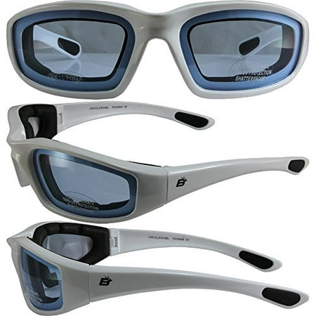 Birdz Eyewear Oriole Padded Motorcycle Riding Sunglasses Gloss White Frames Blue