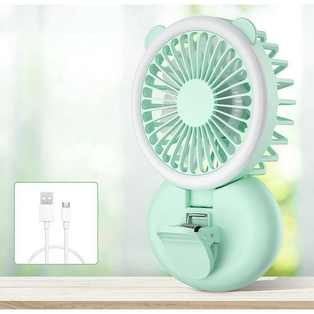 Mini ventilador portátil plegable 2 en 1 con clip, 3 velocidades, con anillo de luz LED, recargable por USB, para habitación, oficina y viajes.