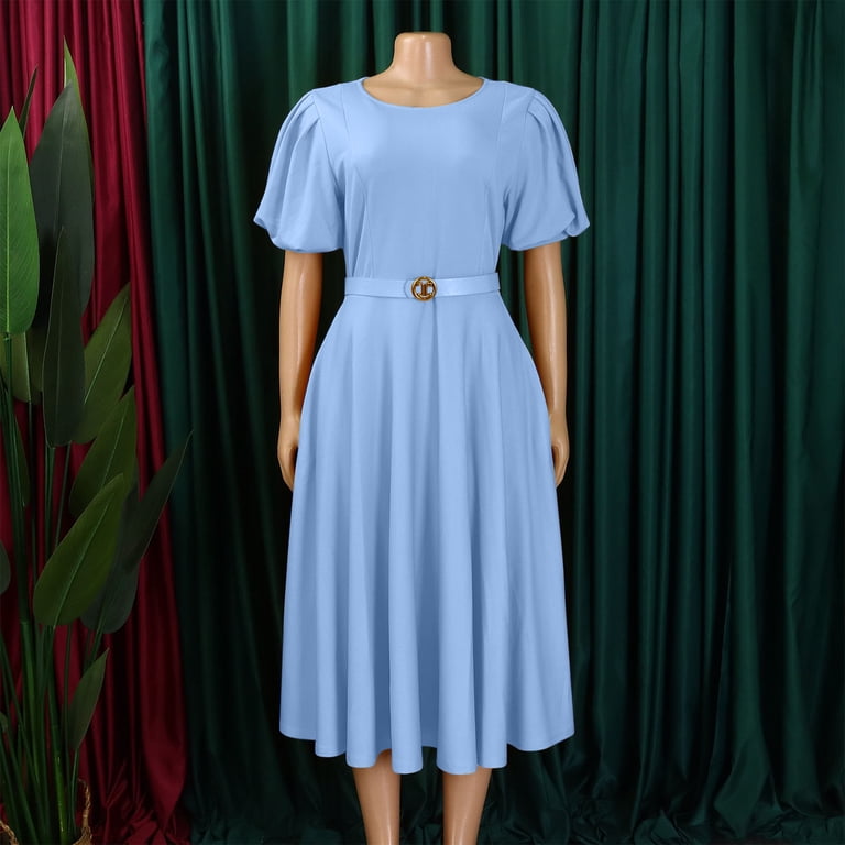 blue grey dress casual Plus Size Boat Neck Evening Dress with Sleeves