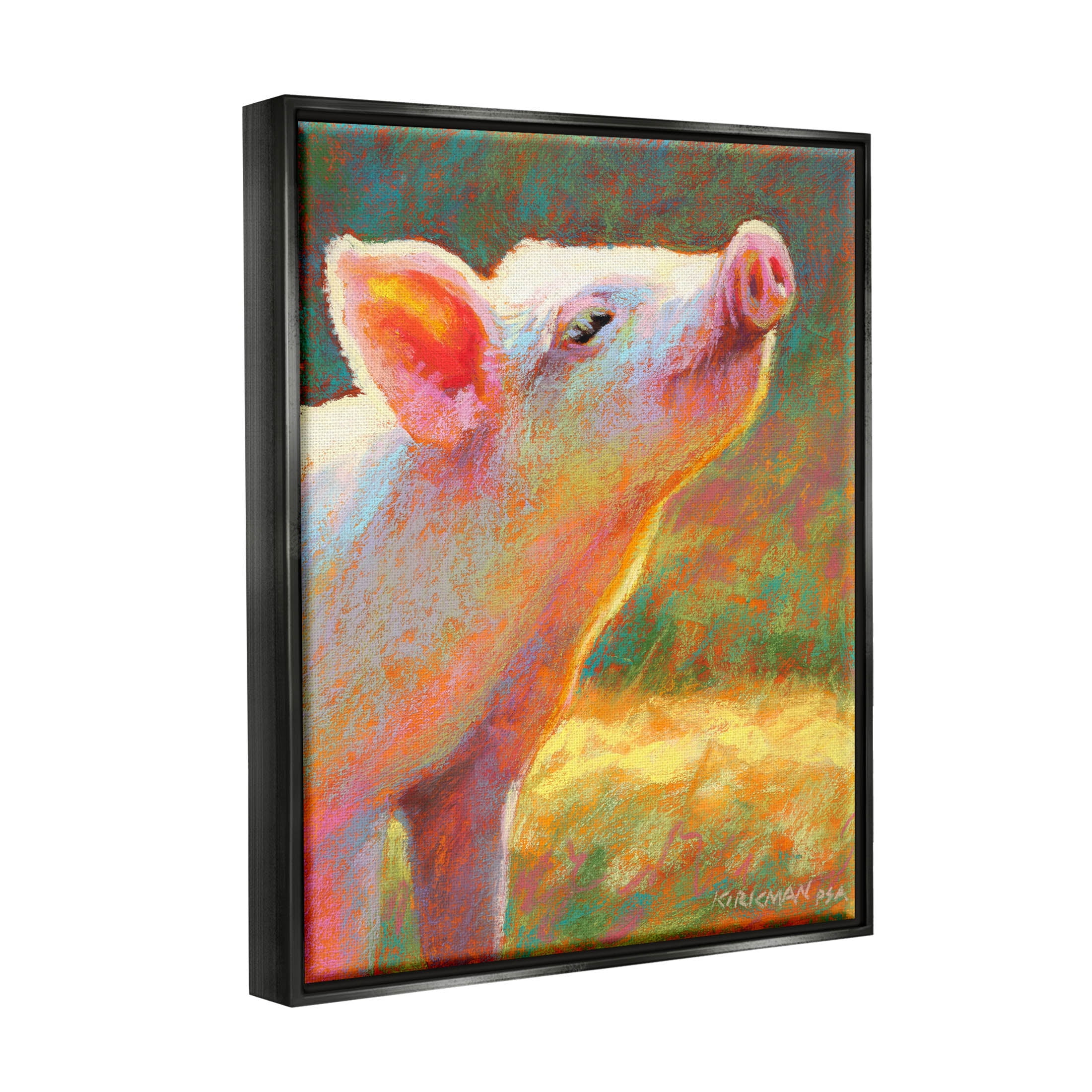 Happy Pink Pig Sunny Farm Animals & Insects Painting Jet Black Framed Art Print Wall Art