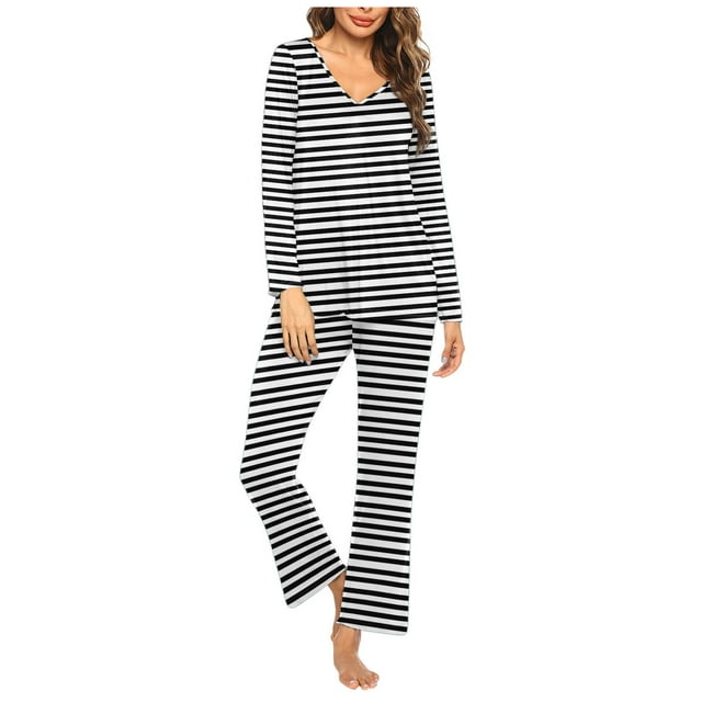 Timegard Ensembles de Pyjamas pour Femmes 2 Pcs à Rayures Manches Longues Col en V Haut Froncé et Pantalon Tenues de Pjs d'Automne