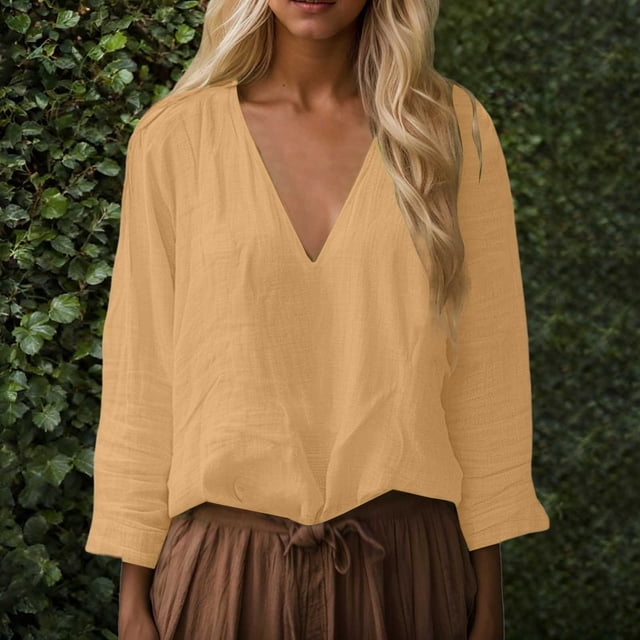 MHFRRA Camiseta Holgada de Manga Larga con Cuello En V Informal de Color Liso Oro