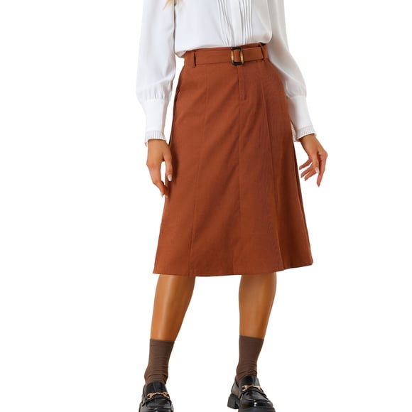 Falda A-Line de Cintura Alta de Mujer INSPIRE CHIC con Cinturón de Pana Midi para Otoño Invierno XL Caramelo