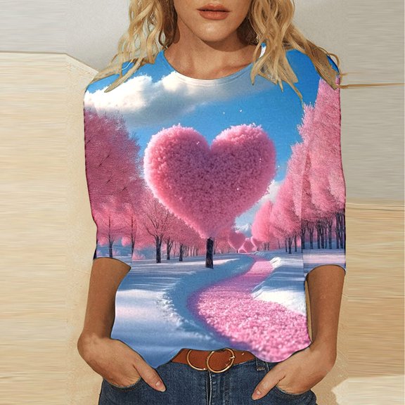 VKOYWKM Womens Valentine's Day T-Shirts 3/4 Sleeve Love Heart Graphic Tees Casual Spring Tops Hoiday Crew Neck Loose Fit Valentine T-Shirts
