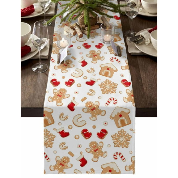 Christmas Table Runner Gingerbread Man Snowflake Table Runners Candy Cane Xmas Stocking Cotton Linen Dresser Scarf Kitchen Dining Table Decor for Christmas Holiday Party Decor 13x36 Inch