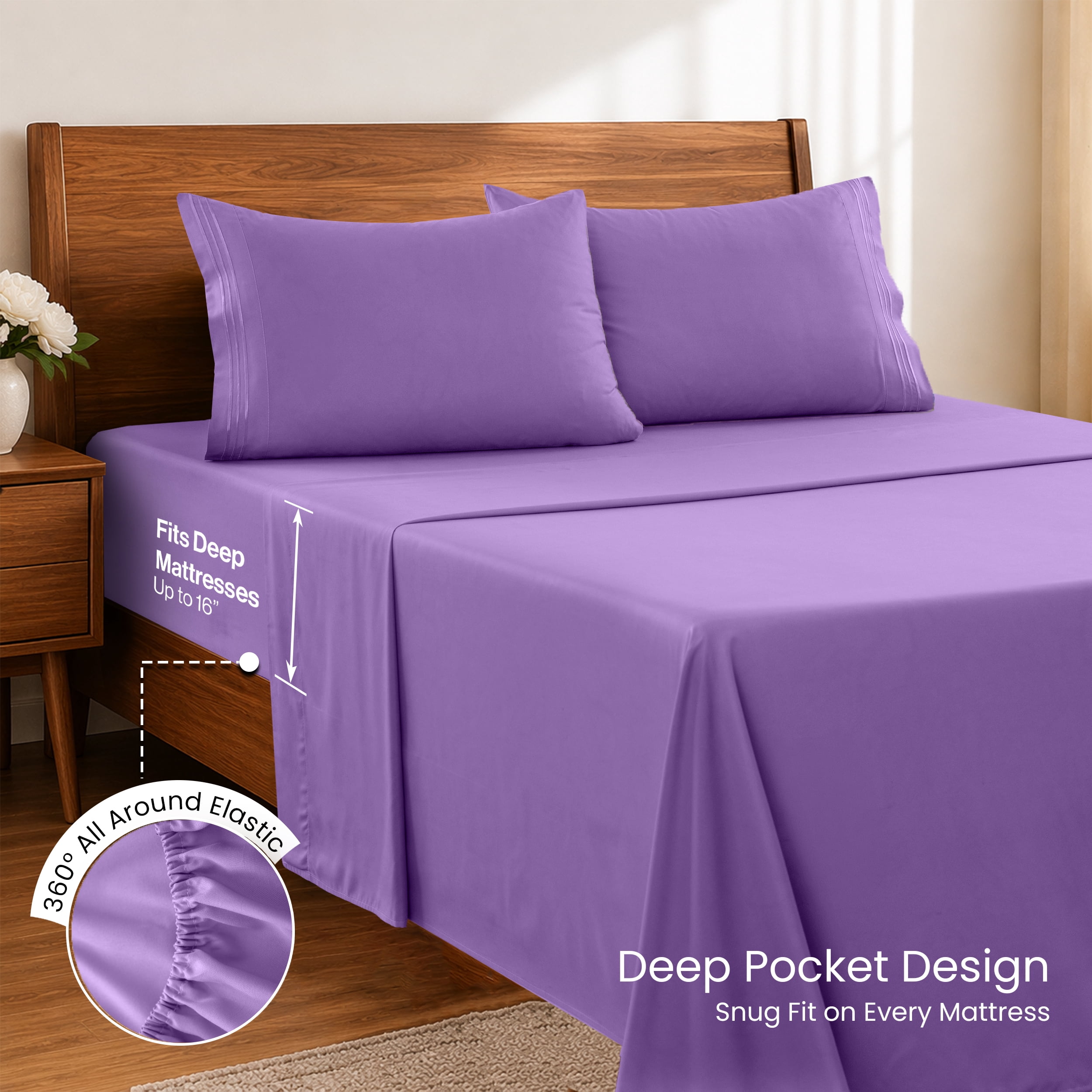 Lux Decor Collection Full Size Bed Sheets - 4 Piece Set - High GSM Brushed Microfiber - Fits up to 16 Inches Deep Pocket - Full, Purple