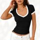 thumbnail image 4 of Camisas de Manga Corta para las Mujeres Blusas Casuales Cuello en V Color Sólido Plisado Primavera, 4 of 6