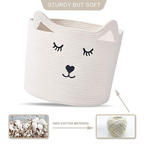 Baby Clothes Hamper with Handles H White Cotton Rope Basket D x 11.4 ” InfiBay Baby Nursery Organizer for Toys 11.8 ” Toy Storage Bin for Nursery Cute Nursery Storage Basket with Cute Cat Design 