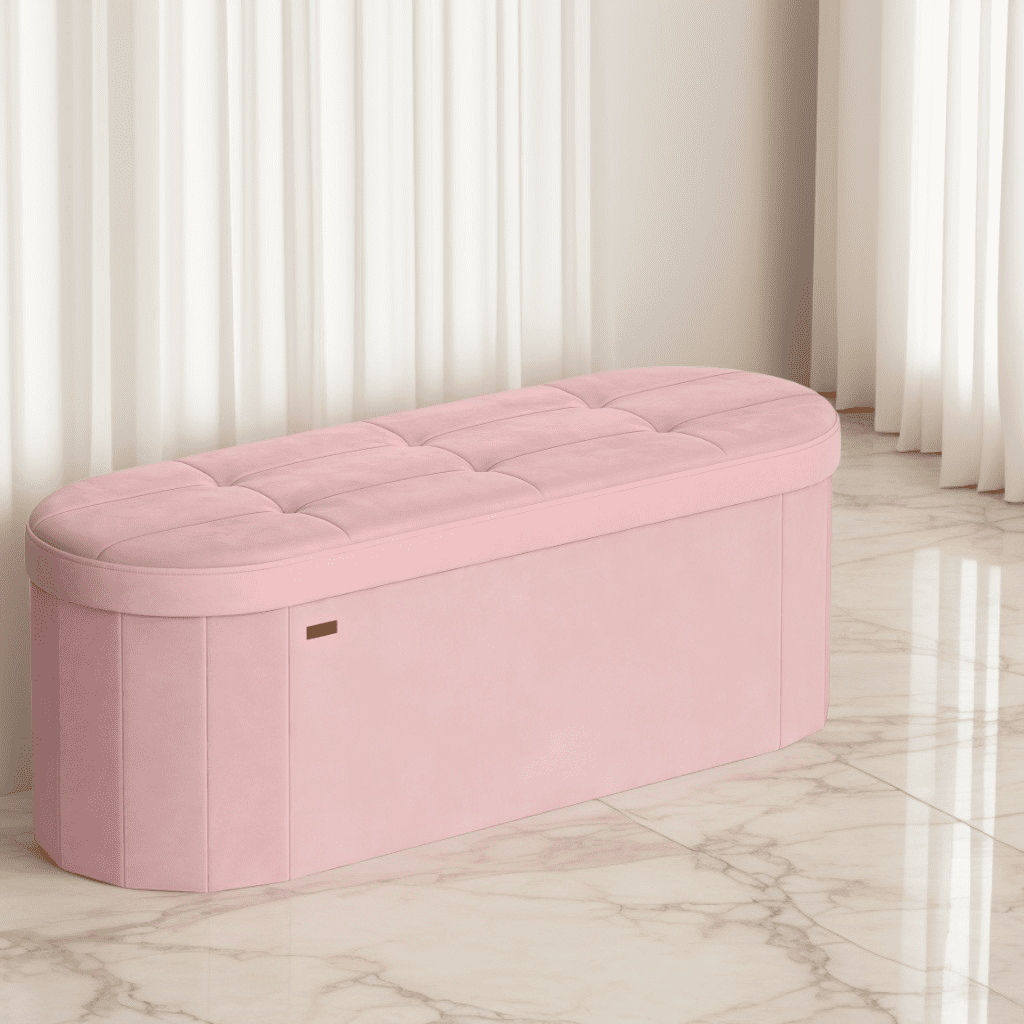 LEDREM 43" Foldable Storage Ottoman Bench, Velvet Fabric Ottoman with 2 Internal Dividers, Footrest for Bedroom Living Room
