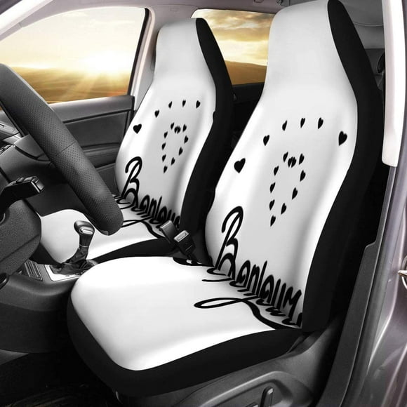 POGLIP Set of 2 Car Seat Covers Circle Lettering Bonjour and Heart Black Modern Abstract Colorful Universal Auto Front Seats Protector Fits for Car,SUV Sedan,Truck