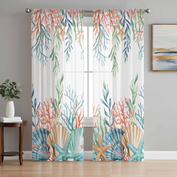 Marine Life Sheer Curtains 96 Inch Length 2 Panels for Living Room, Nautical Underwater Coral Shell Starfish Watercolor Voile Kitchen Curtain Set, Luxury Privacy Drapes Window Treatment for Bedroom