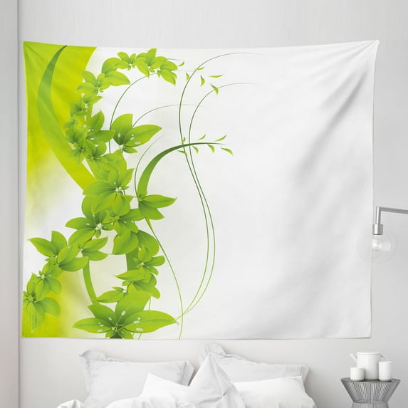 Green Tapestry, Blossoming Flowers Natural Fantasy Theme Abstract Botanical Garden Design, Fabric Wall Hanging Decor for Bedroom Living Room Dorm, 5 Sizes, Apple Green White, by Ambesonne