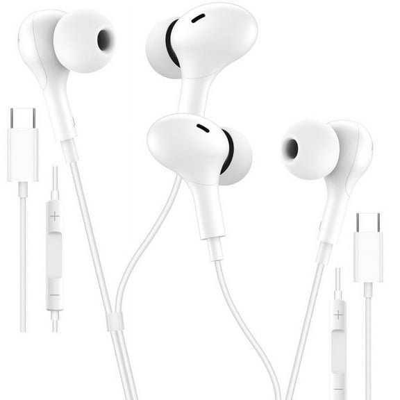 2 Pack Afflux Type C Wired Headphones USB-C Earbuds Earphones Compatible with iPhone 16 Pro Max / 16 Pro / 16 Plus / for Samsung Galaxy S24/S23/S22/S21 Ultra, Google Pixel 8/7/6/6a, White
