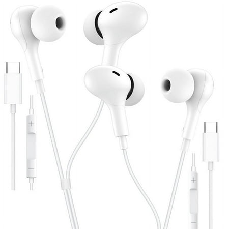 2 Pack Afflux Type C Wired Headphones USB-C Earbuds Earphones Compatible with iPhone 16 Pro Max / 16 Pro / 16 Plus / for Samsung Galaxy S24/S23/S22/S21 Ultra, Google Pixel 8/7/6/6a, White