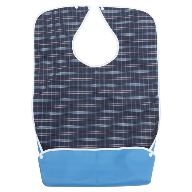 Household Dinner Bib Washable Elderly Bib Delicate Clothing Protector Elderly Accessory. A dark blue adult bib with a plaid pattern and white trim, featuring a button closure and adjustable design for easy wear. Made of supple polyester material, it is lightweight, foldable, and includes a blue pocket at the bottom for added protection. Suitable for elderly individuals to keep clothes clean and dry during meals or activities.