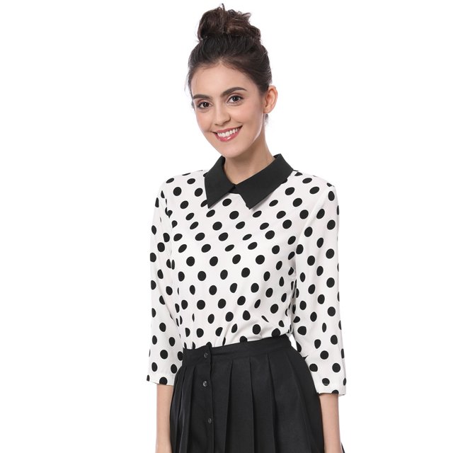 Disfraz de Halloween para mujer Polka Dots Contraste Peter Pan Collar Top 3/4 Mangas Blusa Camisa Blanco XS Allegra K