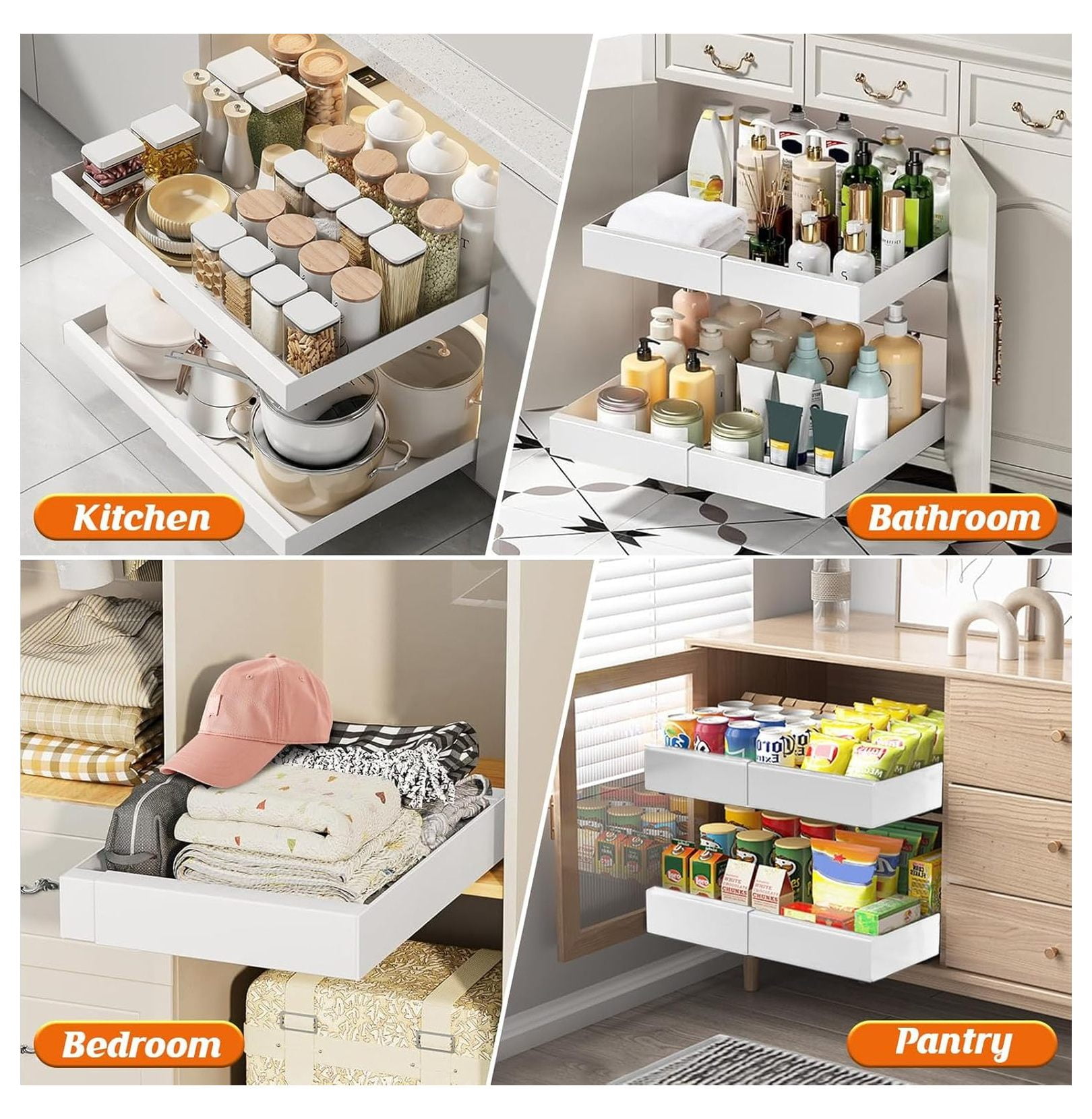 Pull Out Cabinet Organizer 2PC, 21" Deep Expandable Shelves (12-21") for Kitchen, Bathroom, Under Sink - Adhesive & Screw Installation