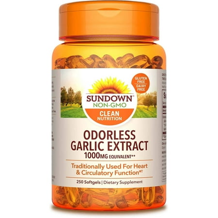 Sundown Garlic 1000 mg, 250 Odorless Softgels (Packaging May Vary) Non-GMOˆ, Free of Gluten, Dairy, Artificial Flavors