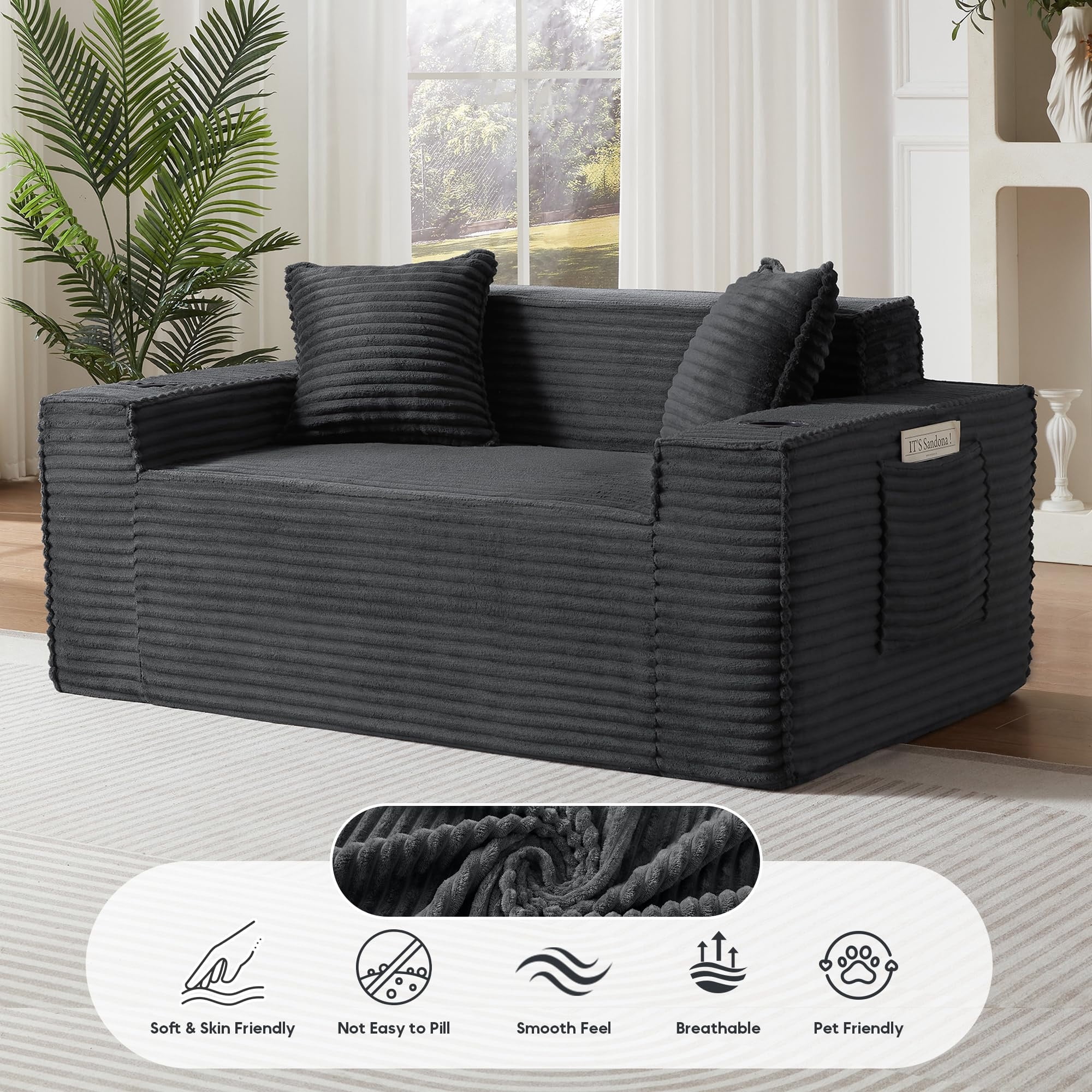 Aukfa 3 Piece Boneless Couch Set, Small Loveseat Cloud Sofa for Living Room, 2 Cup Holders&Storage Pockets, Corduroy, Gray