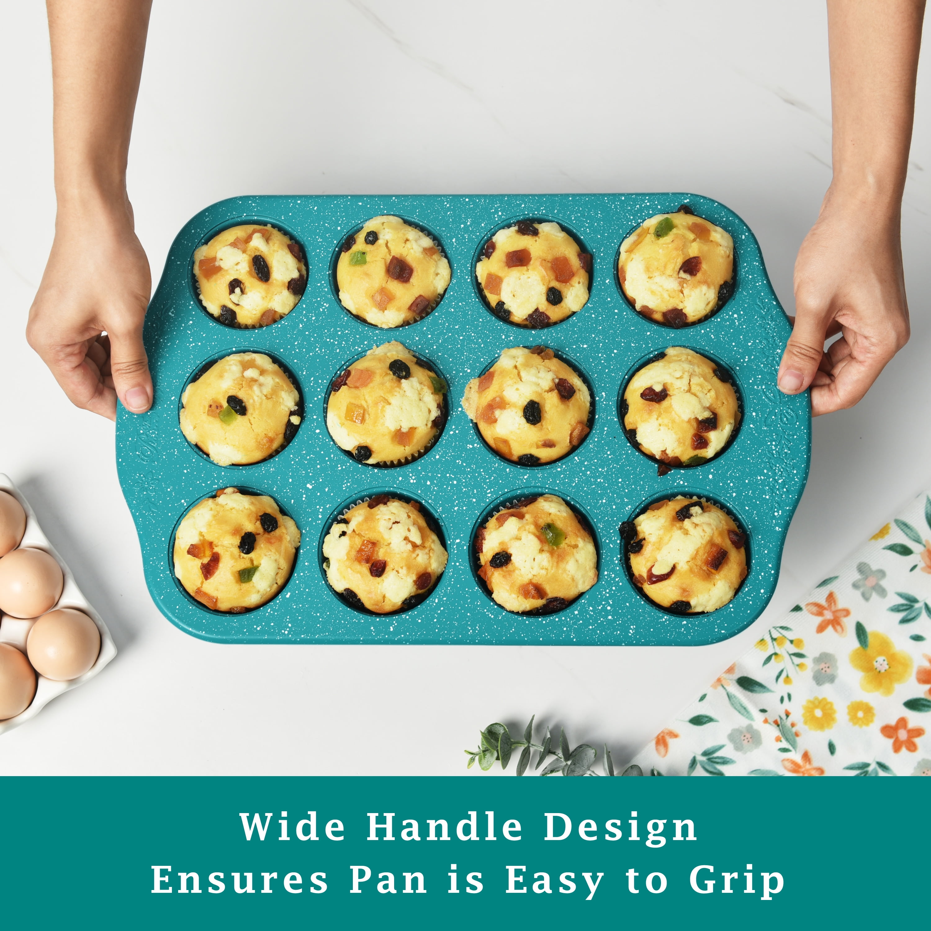(3 pack) The Pioneer Woman Teal Speckle Timeless 12-Cavity Nonstick Muffin Pan, 15.72", Blue