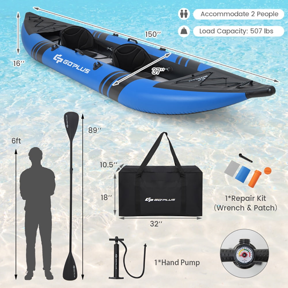 Spaco Inflatable 2-person Kayak Set with Aluminium Oars and Repair Kit-Blue, Inflatable Vinyl Kayak for Lakes and Rivers