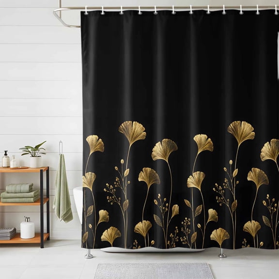 Abstract Gold Florals Shower Curtains for Bathroom, Rustic Flowers Black Minimalist Waterproof Fabric Shower Curtain, Decorative Bathroom Curtain for Bathtub, 36"x72", No Hooks Included