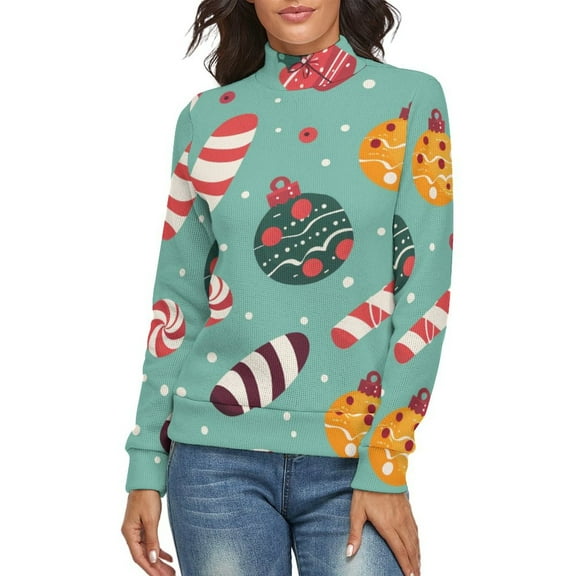 Christmas Candy Pattern Women's Turtleneck Sweater Long Sleeve Ribbed Fitted Turtle Neck Casual Fall Winter Collection Top S