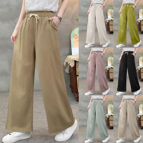 Frostluinai Linen Straight Leg Pants for Women Elastic Waist Drawstring Baggy Wide Leg Pants Solid Lounge Pants with Pocket