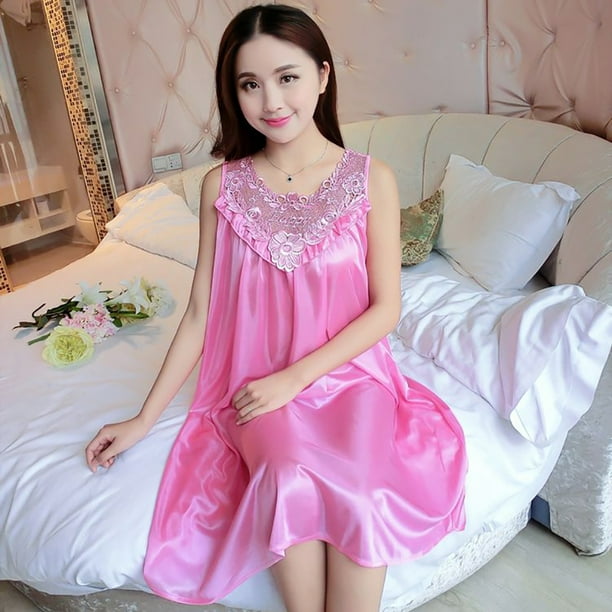 Women's Satin Silk Lace Lingerie Pajama Night Dress Nightgown Sleepwear  Color:Pink
