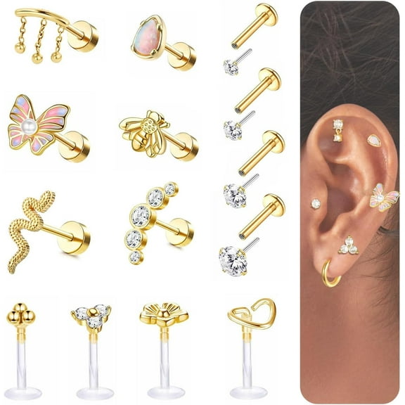 Cartilage Earrings Tragus Helix Conch Flatback Piercing Jewelry Hypoallergenic 16G 316L Surgical Stainless Steel Labret Studs Push In Flat Back Stud Earrings[Z1]