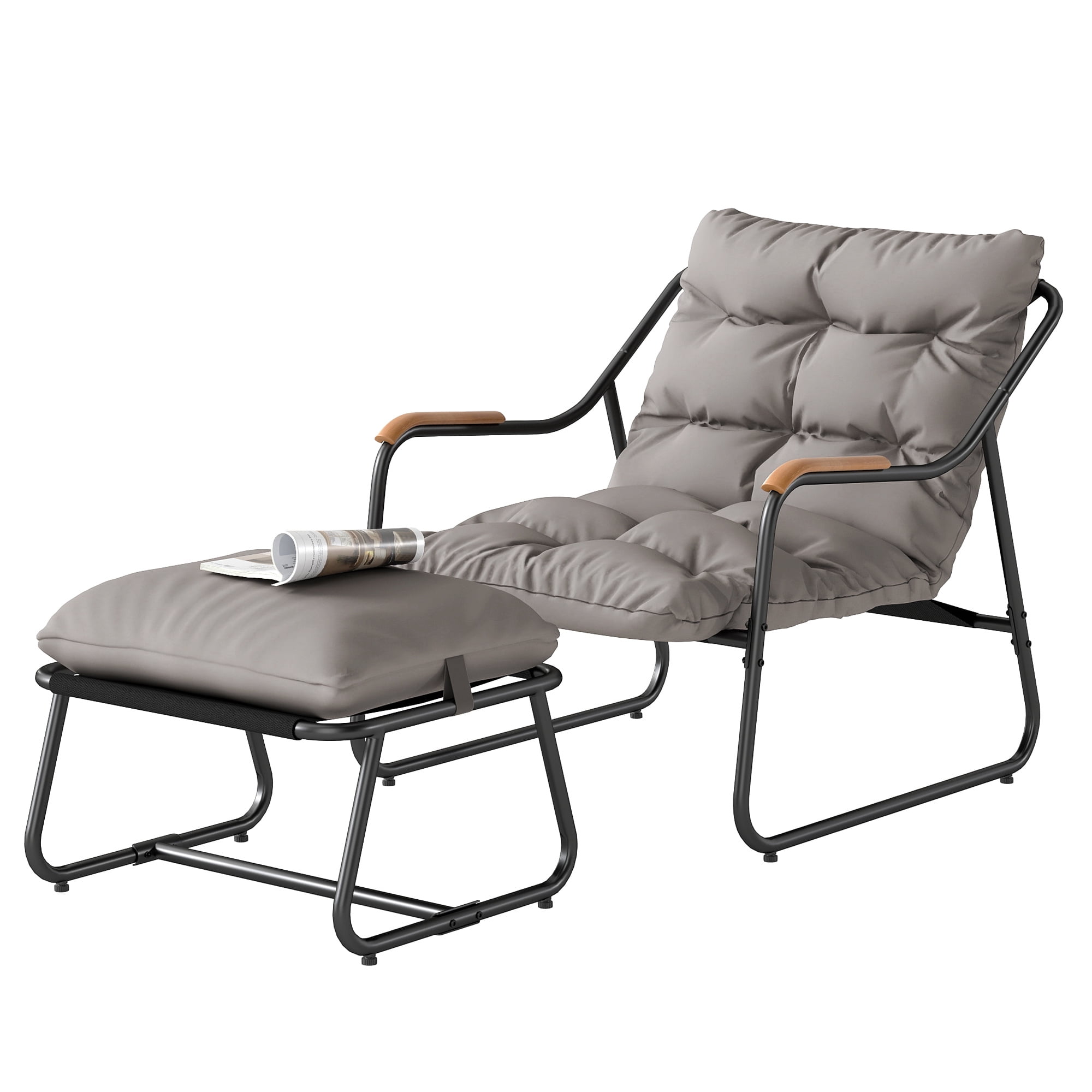 Uforic Outdoor Papasan Lounge Chair with Ottoman, Dark Gray Textilene Sling Recliner Set with Puffy Cushion, Indoor Outdoor Comfy Leisure Chair for Patio Balcony Backyard Garden