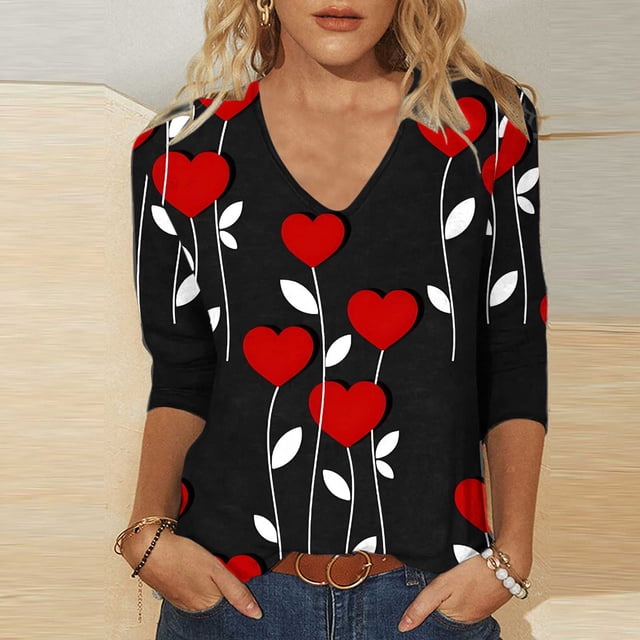 TaTaai Women's Valentine's Day Print Pullover T-Shirt V-Neck 3/4 Sleeve Loose Fit Casual Romantic Top Holiday Festival Blouse Gift