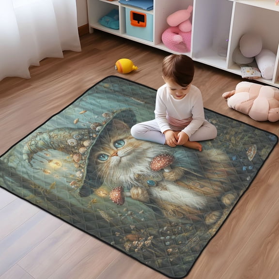 WOBOGO Mushroom Hat Kitten Baby Playmats Extra Large Waterproof Rollable Activity Pads for Toddlers 50×50inch