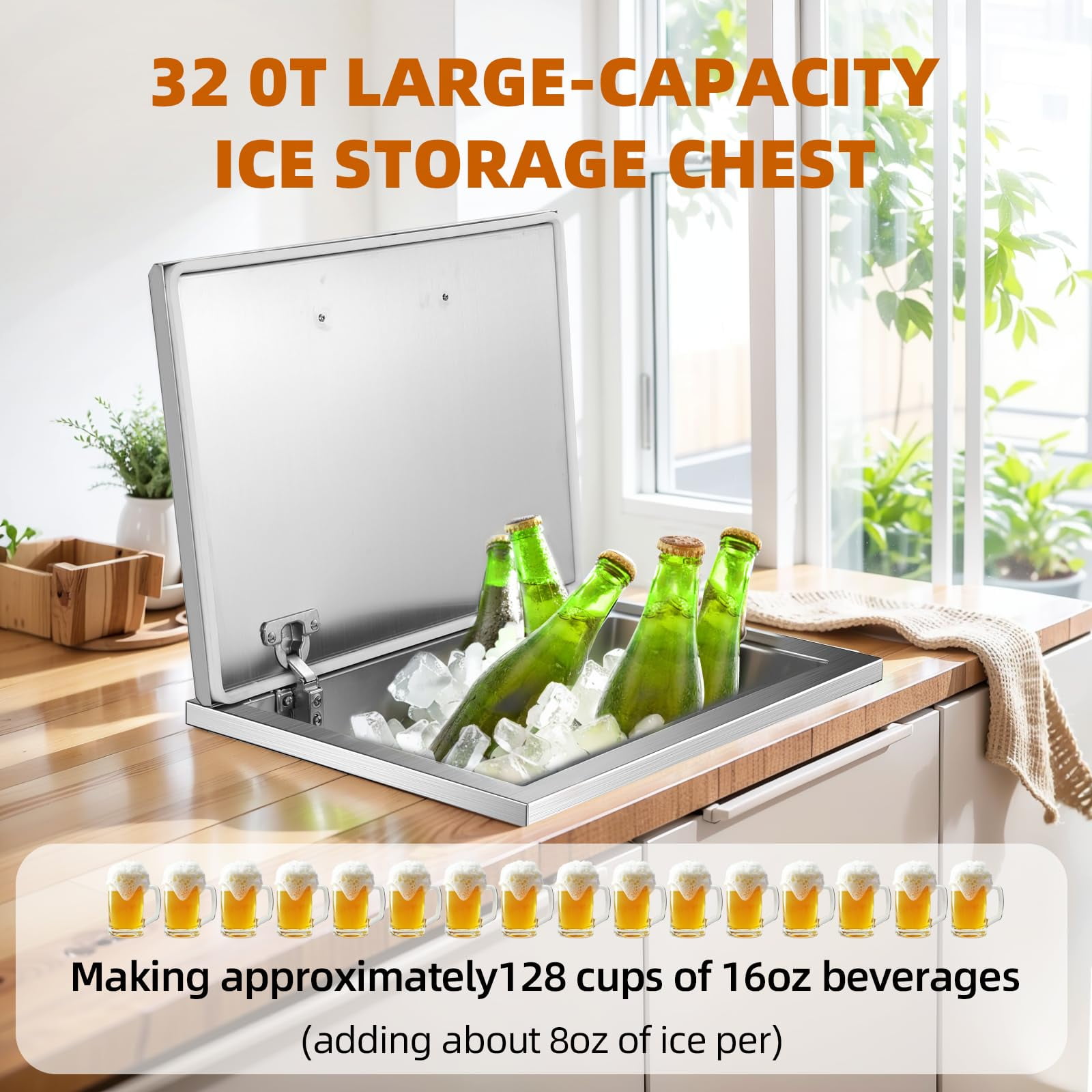 Drop in Ice Chest,304 Stainless Steel Drop in Cooler with Hinged Cover,Largh Capacity Outdoor Kitchen Ice Bar with Drain-pipe and Drain Plug Drop in for Cold Wine Beer