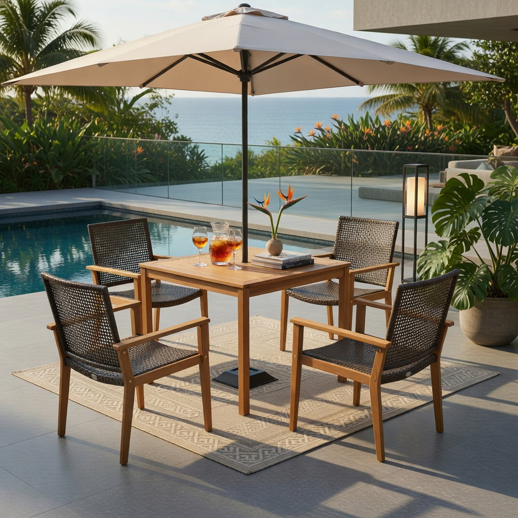 Hommoo Set of 4 Outdoor Rattan Dining Chairs with Natural Acacia Wood Frames, Weather-Resistant PE Wicker, Sturdy X-Frame Design, Ideal for Patio, Backyard, Poolside & Balcony, Brown