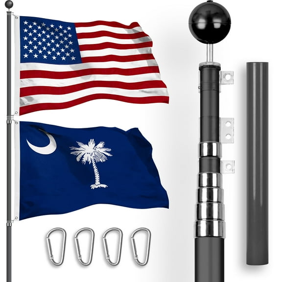 G128 Combo Pack: 25 Ft Telescoping Aluminum Flagpole (Black) & American and South Carolina Flags 3x5 Ft, Both StormFlyer Series Embroidered 220GSM Spun Polyester | Pole with Flags Included