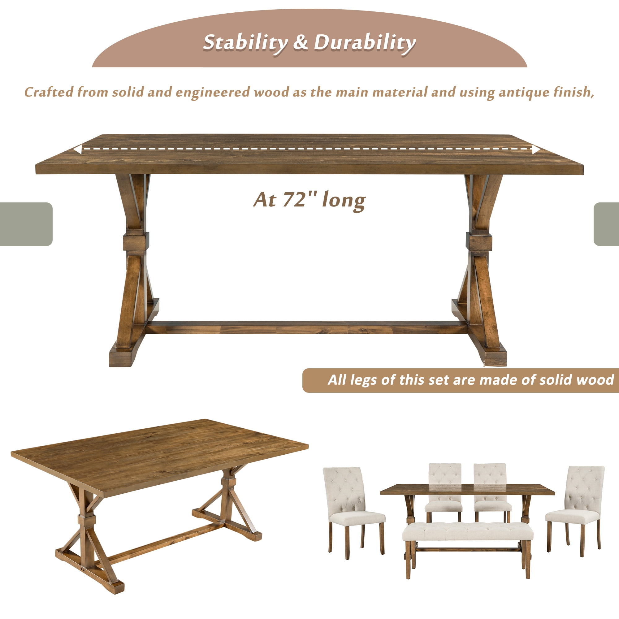 Howcool 6-Piece Farmhouse Dining Set, 72" Rectangular Wood Table, 4 Upholstered Chairs & Bench, Walnut