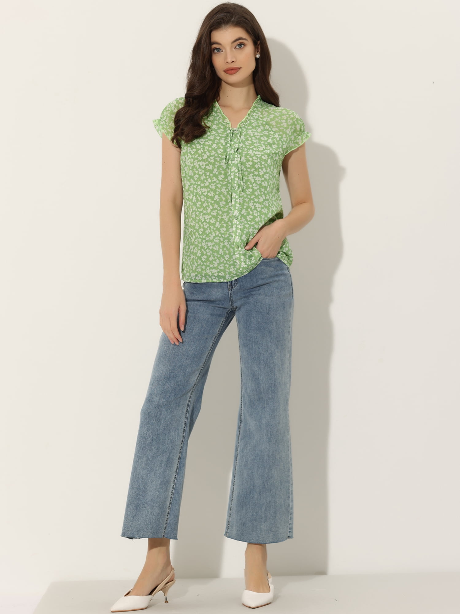 DARING DIVA Women's Ruffle V Neck Cap Sleeve Chiffon Floral Blouse Top L Light Green