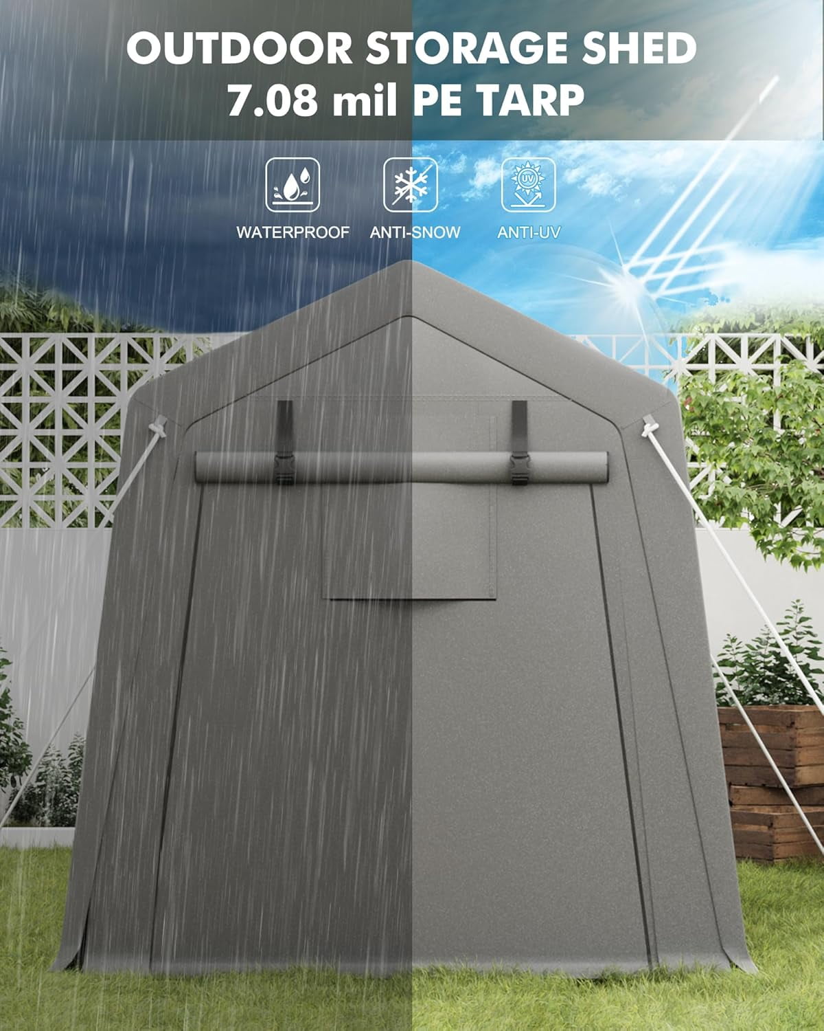 Motorcycle Storage Sheds 6x8 FT, Portable Shed with Rolled up Zipper Door, Waterproof, Storage Tent Heavy Duty for Motorcycle, Bike, Firewood, Garden Tools, Grey