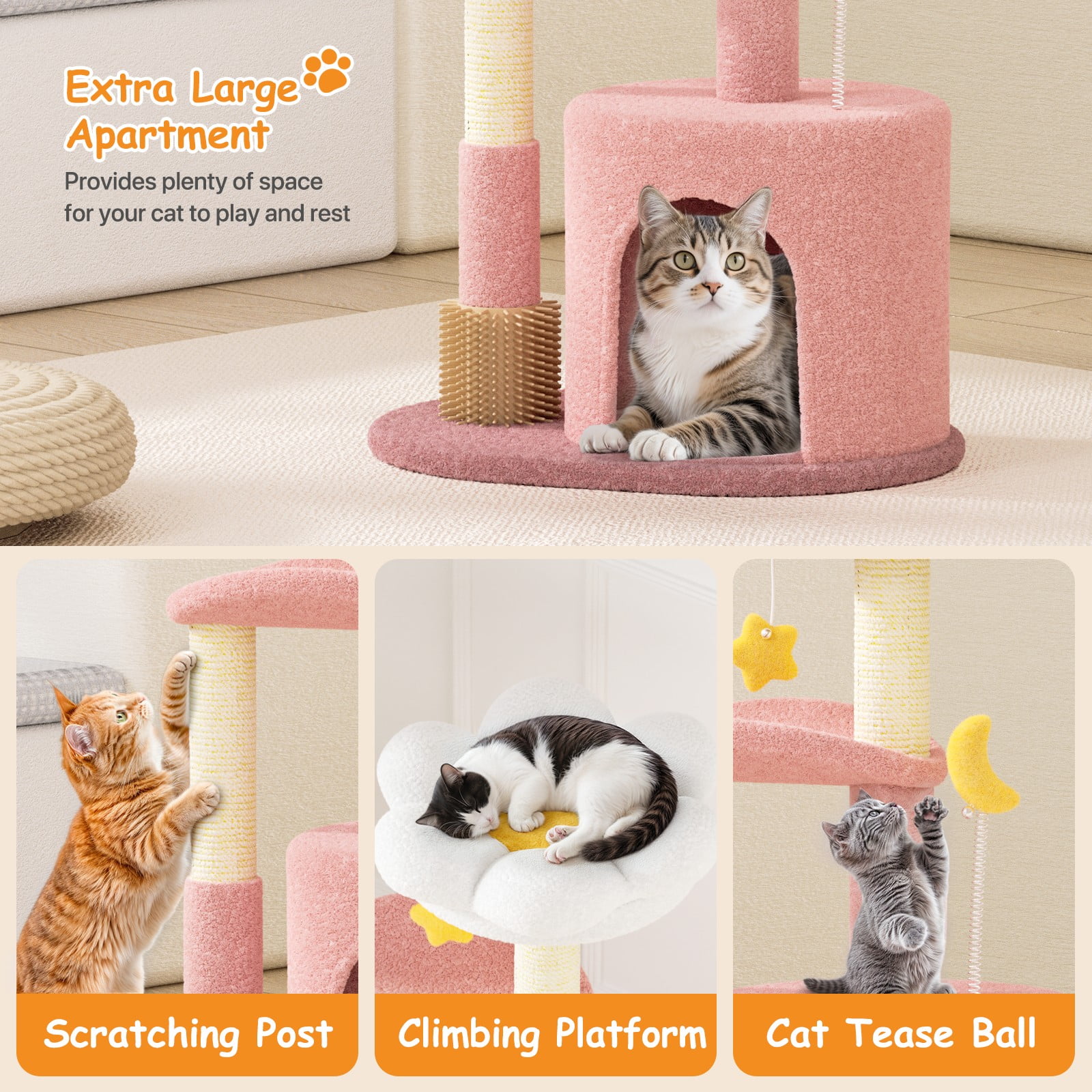 OSM 33-inch Floral Cat Tree for Indoor Cats, Compact Cat Tower with Scratching Posts, Cozy Condo, Flower Perch & Dangling Toys for Kittens & Small Cats, Pink