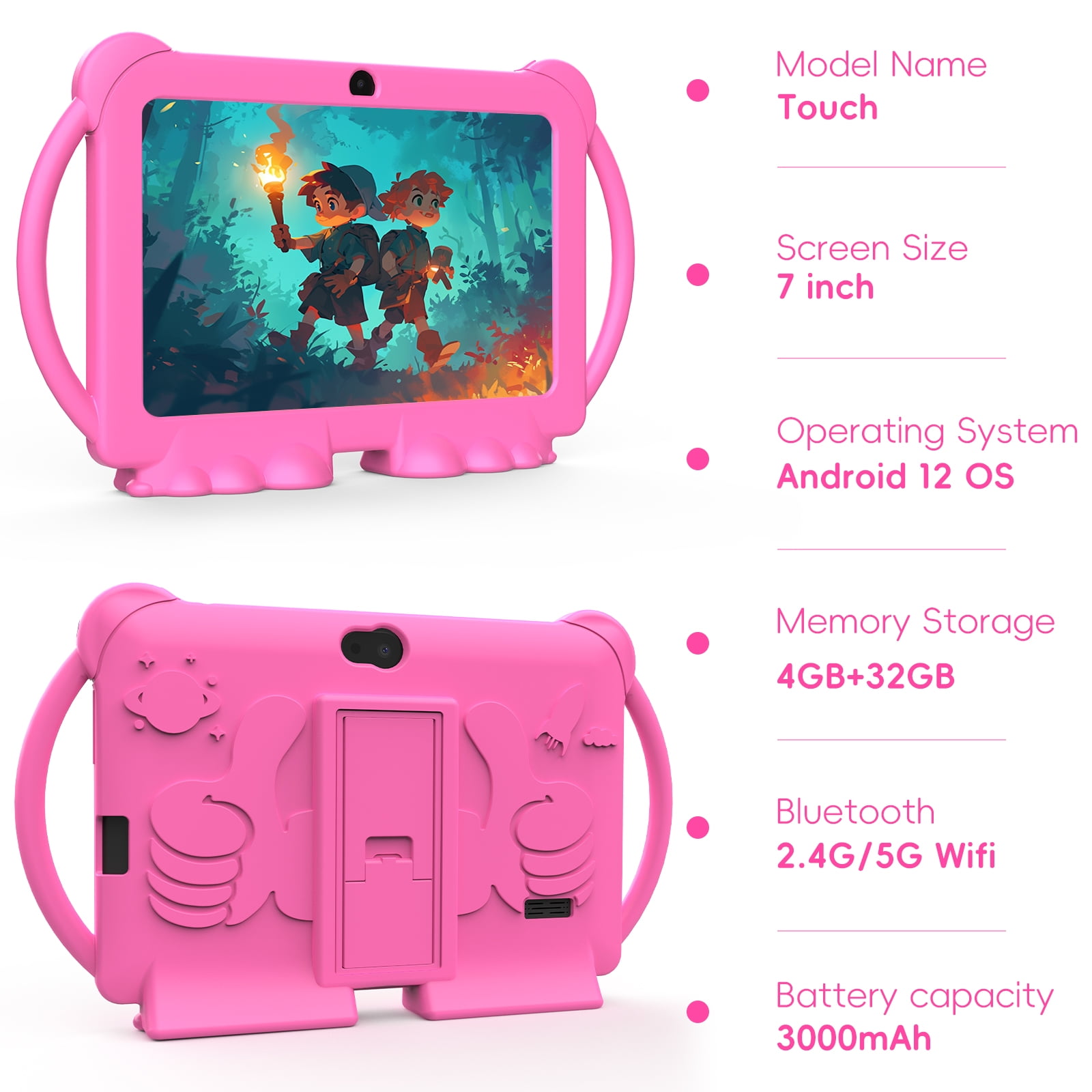 2024 Kids Tablet, 7 inch Android 12 Tablet for Kids, 4GB+32GB ROM+1TB Expand Pink