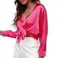 thumbnail image 2 of Blusas de Satén con Cuello en V y Larga para Mujer, Blusas de Seda de Verano, Moda 2025 Rosa Roja M, 2 of 9
