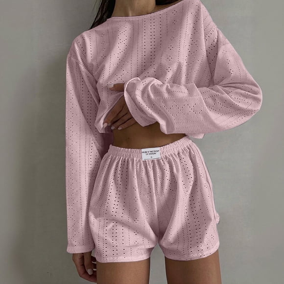 Elvqul 2 Pc Top and Shorts for Women Long Sleeve Pullover Pj Sets Lightweight Crew Neck Ladies Lounge Sets Summer