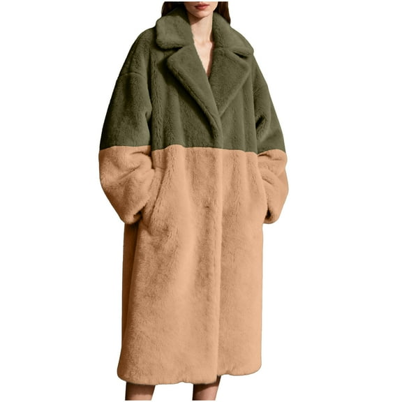 gbyLJF Women's Faux Fur Coats Long Open Front Lapel Cardigan Color Blocked Long Sleeve Overcoats Winter Outwear Jackets